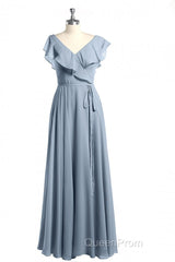 Dusty Blue V-Neck Backless Ruffled A-Line Long Bridesmaid Dresses