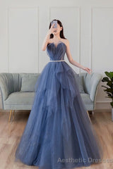 Blue Sweetheart Neck Tulle Long Prom Dress Blue Tulle Formal Dress
