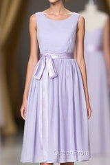 Lavender Crew Neck Tie-Side Short Bridesmaid Dresses