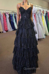 Straps Black Appliques Tulle Ruffle A-line Evening Prom Dresses