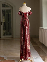 Simple Off Shoulder Sequin Burgundy Long Evening Prom Dresses, Burgundy Long Evening Dresses