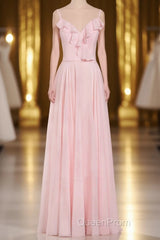 Pink Ruffle Lace-Up A-Line Long Bridesmaid Dresses