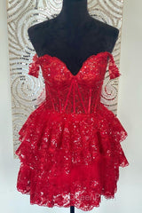 Red Off-the-Shoulder Lace Multi-Layers Appliques Sequins Homecoming Dresses