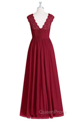 Red Lace Cap Sleeve A-Line Long Bridesmaid Dresses
