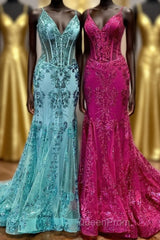 Fuchsia Mermaid Sequined Embroidery Tulle Long Evening Prom Dresses