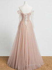 Champagne Pink Tulle Beads Long Evening Prom Dresses, Champagne Evening Dresses