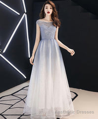 Blue Round Neck Tulle Long Prom Dress, Blue Tulle Evening Dress