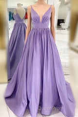 Straps V Neck Satin Maxi Evening Prom Dresses Lavender Formal Evening Gown