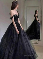 Black Prom Dresses Ball Gown Tulle Elegant Sleeveless Heart Shaped Neck Shiny Sequins