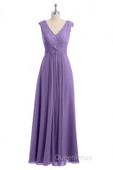 Lavender V-Neck Twist-Front A-Line Long Bridesmaid Dresses