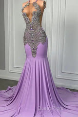Long Lilac Sleeveless Halter Mermaid Evening Prom Dresses With Beadings