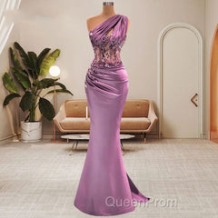 Lilac One Shoulder Mermaid Evening Prom Dresses with Beads