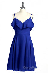 Royal Blue Spaghetti Straps Ruffled A-Line Short Bridesmaid Dresses