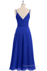 Royal Blue V-Neck Spaghetti Straps Tea-Length Bridesmaid Dresses