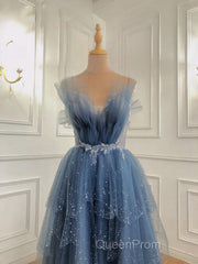 Gray Blue Tulle Beads Long Evening Prom Dresses, Blue Tulle Formal Dresses
