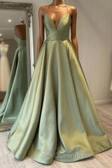 Green Simple A Line Satin Spaghetti Straps Long Evening Prom Dresses