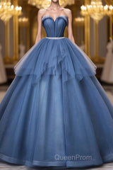 Blue Sweetheart Neck Tulle Long Evening Prom Dresses, Blue Evening Dresses