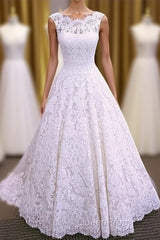 Chic Round Neck Open Back A Line Sleeveless Lace Appliques Wedding Dresses