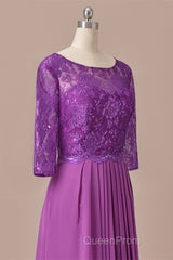 Purple Lace Round Neck Keyhole Back Long Mother of the Bride Dresses