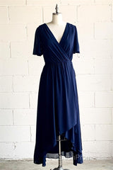 Faux-Wrap V Neck Pleated Chiffon Hi-Low Bridesmaid Dresses with Sleeves