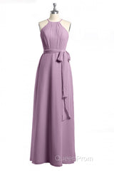 Dusty Purple Halter Keyhole Back Long Bridesmaid Dresses