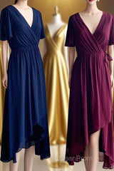 Faux-Wrap V Neck Pleated Chiffon Hi-Low Bridesmaid Dresses with Sleeves