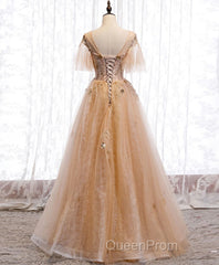 Champagne Round Neck Tulle Lace Long Evening Prom Dresses, Formal Dresses
