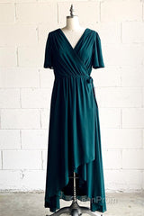 Faux-Wrap V Neck Pleated Chiffon Hi-Low Bridesmaid Dresses with Sleeves