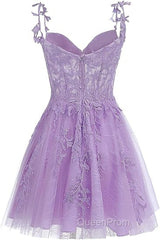 Lavender Tulle Lace Applique Homecoming Dresses, Floral Tulle Short Evening Prom Dresses
