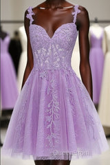 Lavender Tulle Lace Applique Homecoming Dresses, Floral Tulle Short Evening Prom Dresses