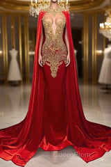 Mermaid Evening Prom Dresses with Red Scoop Neckline and Beadings Cape