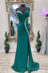 Asymmetrical Green Beaded Mermaid Long Prom Dress with Slit