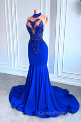 Royal Blue High Neck Sleeveless Mermaid Evening Prom Dresses with Beadings