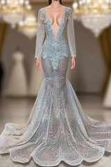 Mermaid Evening Prom Dresses with Deep V-Neck Long Sleeves Beadings