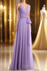 Lavender Spaghetti Straps Tie-Side Long Formal Dresses