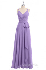 Lavender Spaghetti Straps Tie-Side Long Formal Dresses