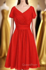 Red Chiffon V-Neck Ruffled A-Line Short Bridesmaid Dresses