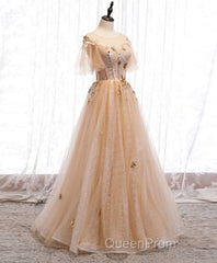 Champagne Round Neck Tulle Lace Long Evening Prom Dresses, Formal Dresses