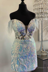Light Blue Off-the-Shoulder Sequin-Embroidered Feathers Homecoming Dress