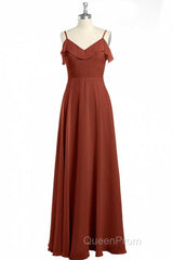 Rust Orange Chiffon Straps Ruffled A-Line Bridesmaid Dresses