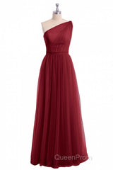 Wine Red Tulle One-Shoulder A-Line Bridesmaid Dresses