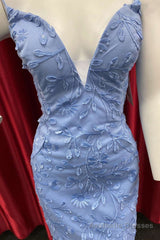 Periwinkle Appliques Plunge V Lace-Up Homecoming Dress