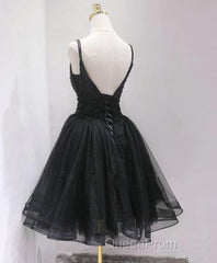 Black Tulle Beads Short Evening Prom Dresses, Black Homecoming Dresses