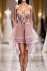 Pink Tulle Lace High Low Evening Prom Dresses, Pink Homecoming Dresses, 1