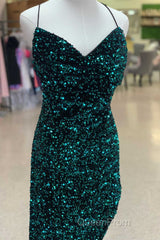 Red Sequin Cowl Neck Lace-Up Back High-Low Evening Prom Dresses