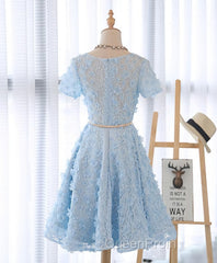 Cute Blue Lace Short Evening Prom Dresses, Blue Homecoming Dresses