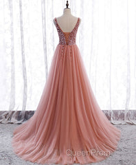 Pink V Neck Tulle Sequin Long Evening Prom Dresses, Pink Formal Dresses