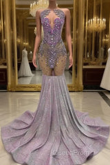 Purple Mermaid Evening Prom Dresses Sleeveless with Long Beadings