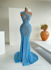 Ocean Blue Sequins One-Shoulder Mermaid Long Evening Prom Dresses With Split