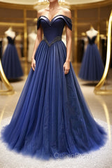 A-Line Tulle Beading Long Evening Prom Dresses, Off the Shoulder Evening Dresses